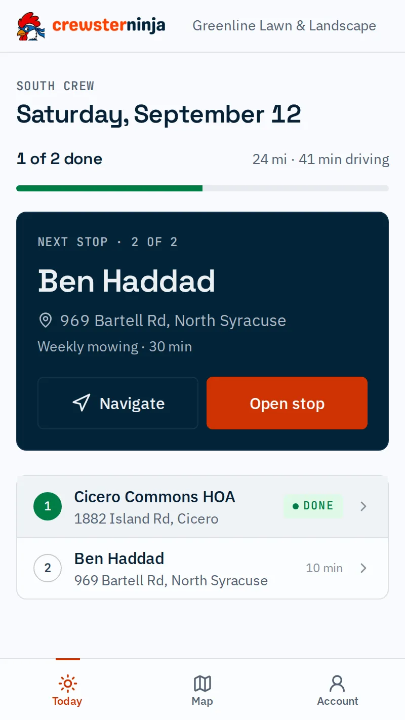 Crew Today: The crew lead’s Today screen: progress, the next stop and the stop list.